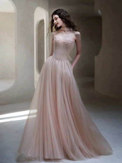 Classy A line Strapless Light Pink Tulle Long Formal Prom Dresses Dance Night Outfits Party Gowns AB2199