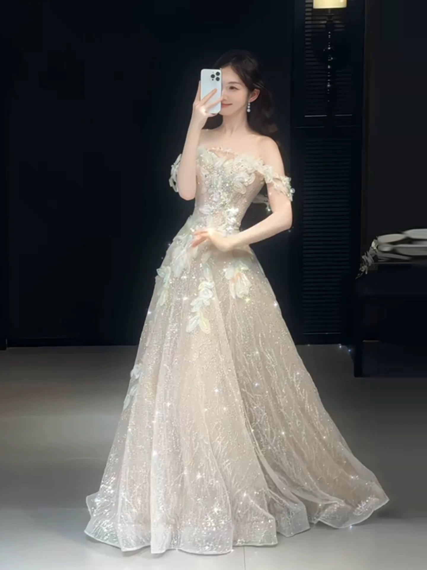Cute A line Off The Shoulder With Cap Sleeves Sequins Champagne Long Formal Prom Dresses Dance Night Outfits Party Gowns AB2202
