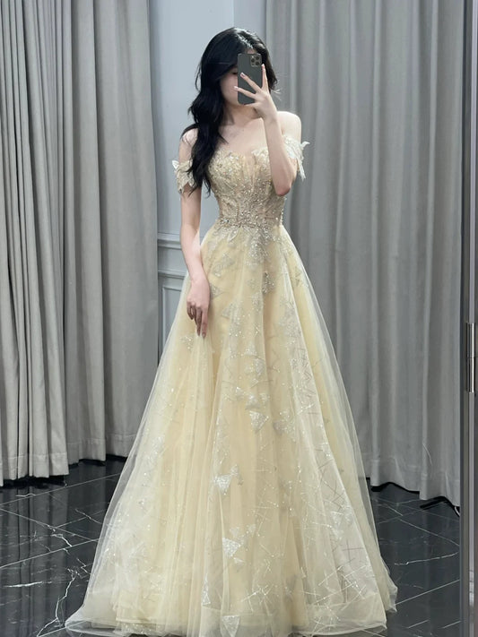 Classy A line Off The Shoulder With Cap Sleeves Sequins Long Formal Prom Dresses Dance Night Outfits Party Gowns AB2200