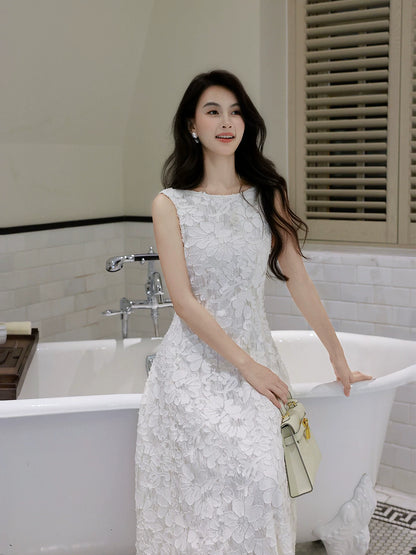 Chic A Line Bateau Neck White Lace Mid Length Prom Dresses Aesthetic Graduation Birthday Outfits N088