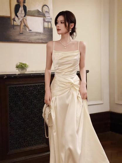 Sexy A line Spaghetti Straps Ivory Satin Long Prom Dresses Wedding Guest Dress 20th Birthday Outfits AB2480
