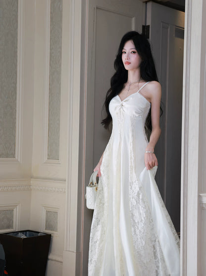 Elegant A Line Spaghetti Strap White Lace Long Pleated Prom Dress Aesthetic Graduation Birthday Outfits N093