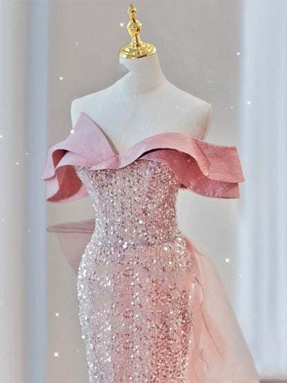 Sparkly Mermaid Evening Dress Off The Shoulder Pink Sequins Prom Dress Long Party Dress 19th Birthday Outfits AB2324