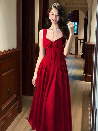 Simple A Line Square Neck Red Chiffon Mid Length Prom Dress Aesthetic Graduation Evening Outfits N080