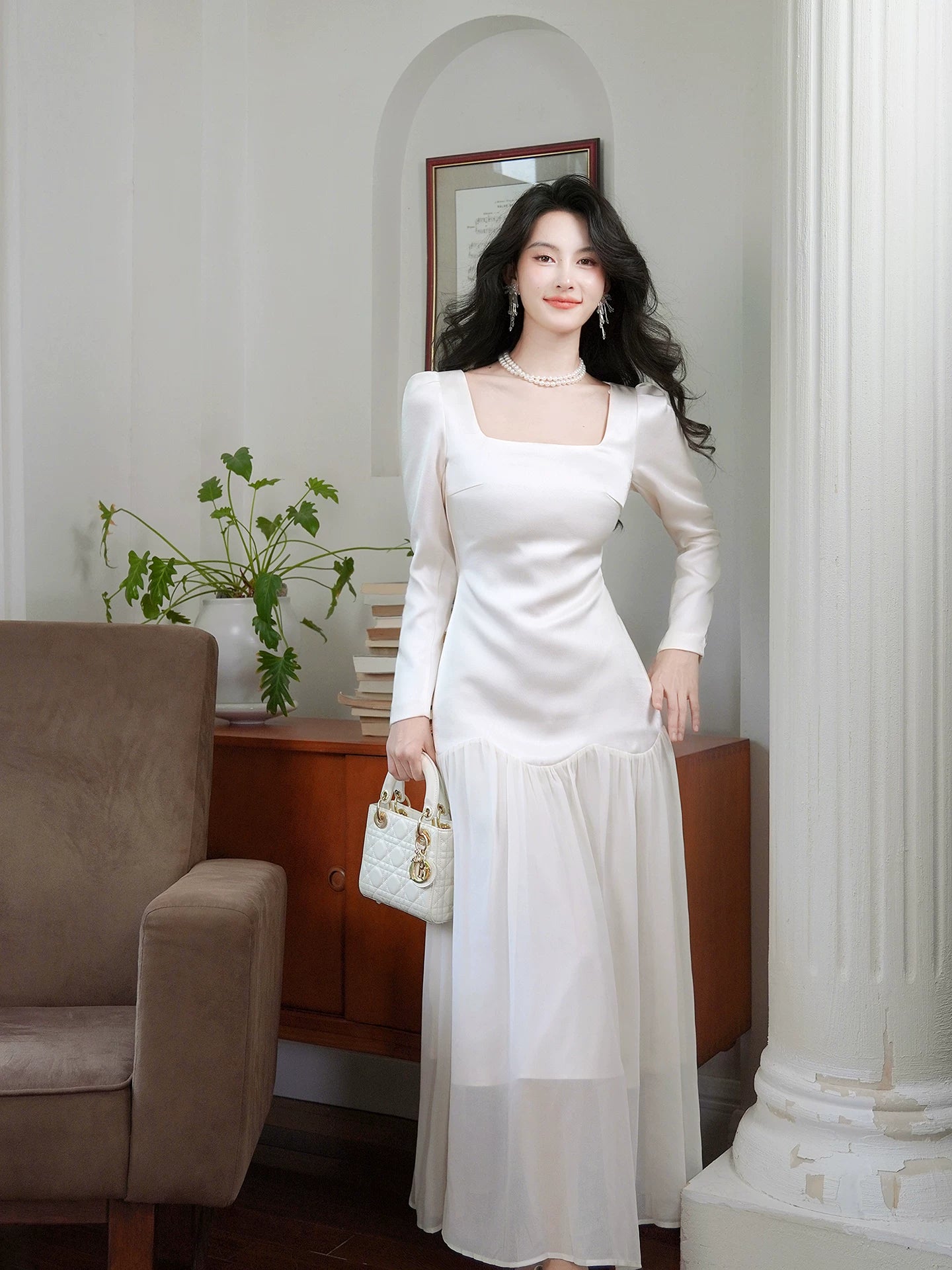 Simple A Line Square Neck Drop Waist White Chiffon Mid Length Prom Dress Aesthetic Graduation Evening Outfits N082