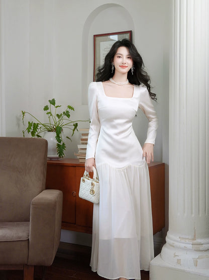 Simple A Line Square Neck Drop Waist White Chiffon Mid Length Prom Dress Aesthetic Graduation Evening Outfits N082