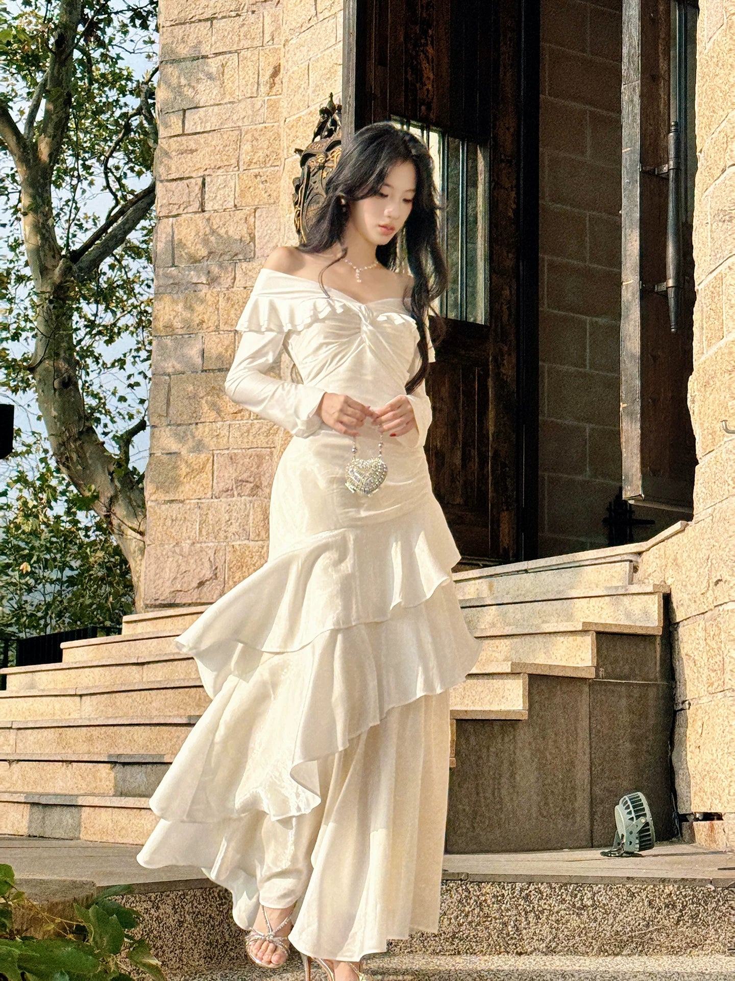 Classy Mermaid Off The Shoulder White With Long Sleeve Floor Length Pleated Prom Dress Graduation 20th Birthday Outfits N099