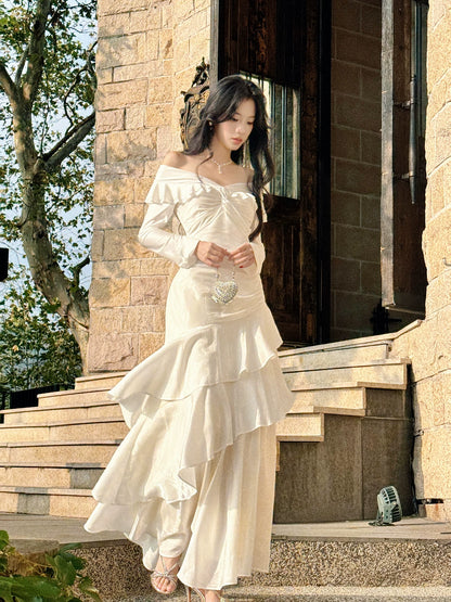 Classy Mermaid Off The Shoulder White With Long Sleeve Floor Length Pleated Prom Dress Graduation 20th Birthday Outfits N099