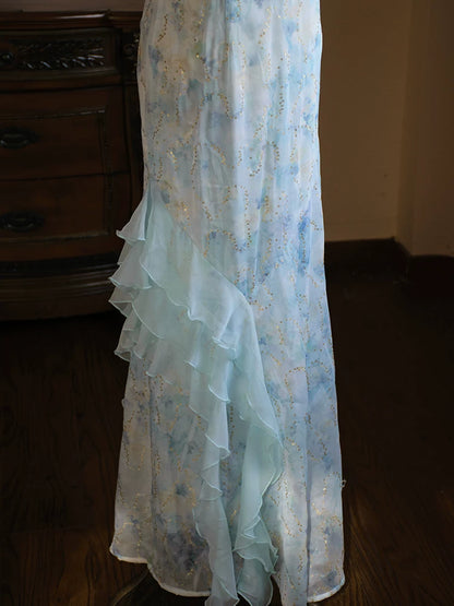 Vintage 1960s A line Spaghetti Straps Light Blue Chiffon Prom Dresses Inspiration Long Party Evening Dress 18th Birthday Outfits AB2386