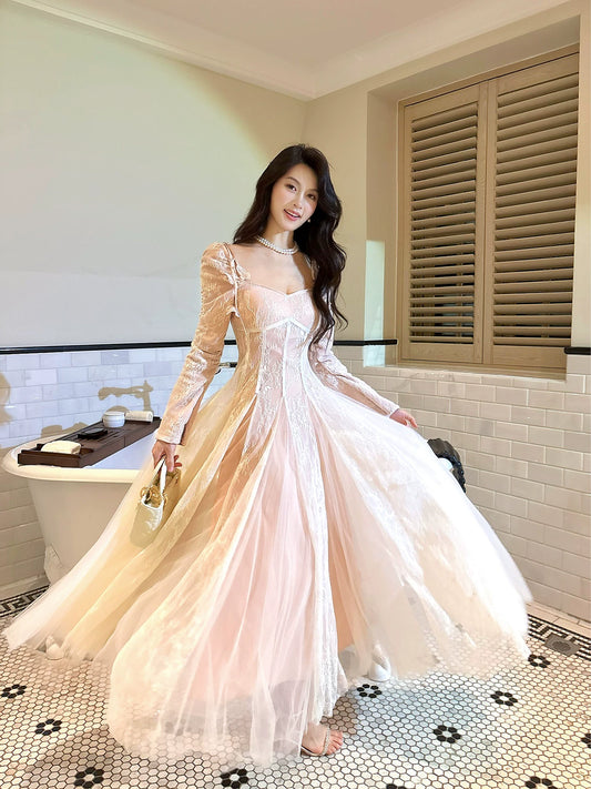 Cute A Line Long Sleeves Lace Pleated Prom Dresses Graduation 18th Birthday Holiday Outfits N091