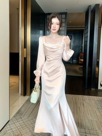 Elegant Mermaid Square Neck Pink Silky Satin Ankle Length Prom Dresses 16th Nigh Party Birthday Outfits AB2432
