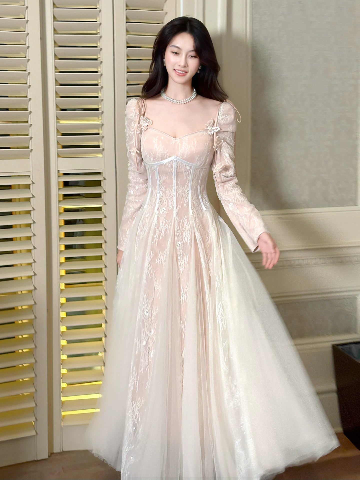 Cute A Line Long Sleeves Lace Pleated Prom Dresses Graduation 18th Birthday Holiday Outfits N091