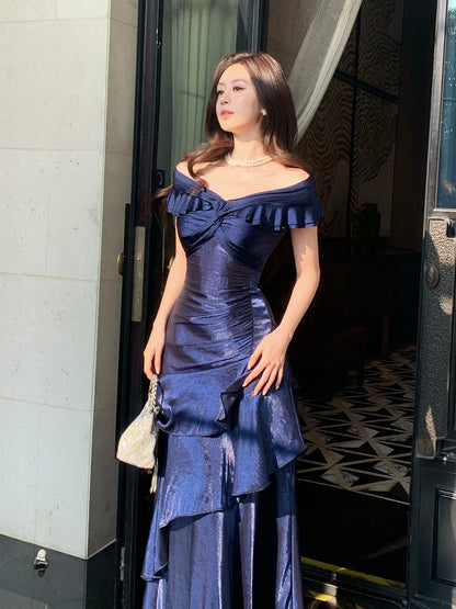 Elegant Mermaid Off The Shoulder Navy Blue Long Prom Dresses 16th Nigh Party Birthday Outfits AB2456
