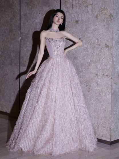 Princess Ball Gown Strapless Pink With Beads Prom Dresses Inspiration Long Party Night Gowns 18th Birthday Outfits AB2233