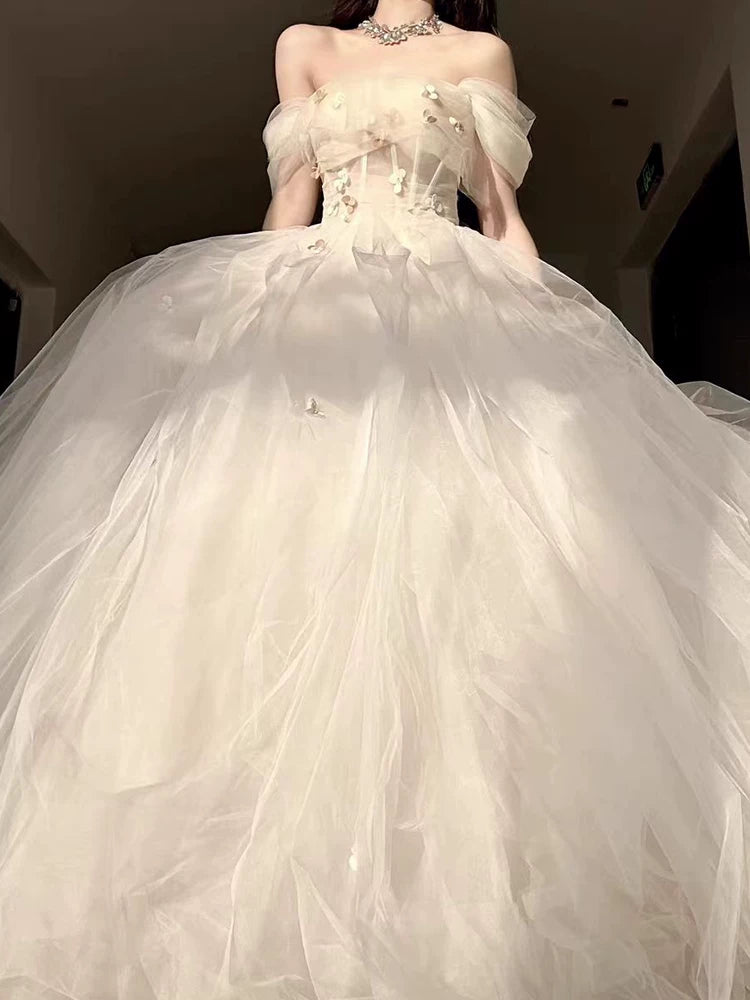 Princess Ball Gown Off The Shoulder Tulle Champagne Prom Dresses Inspiration Long Party Night Gowns 20th Birthday Outfits AB2237