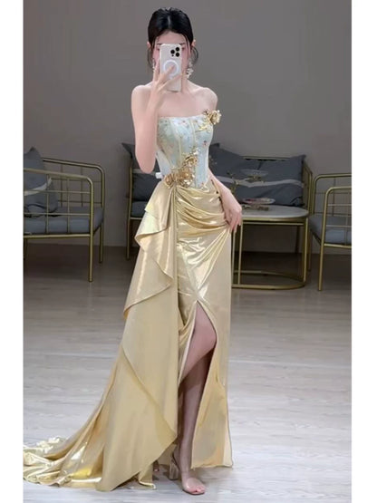 Modest Mermaid Strapless Gold With Slit Long Prom Dress Fashion Aesthetic High School Formal Dresses Party Outfits Prom Gown AB2235