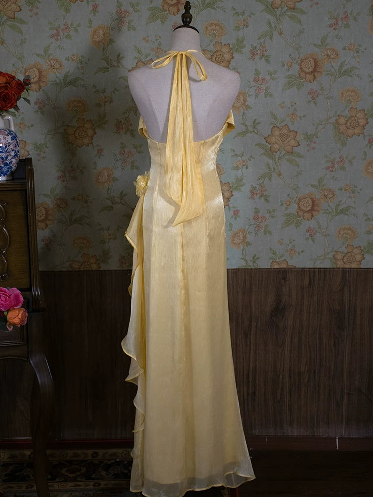 Vintage 90s A Line Halter Floral Neck Long Prom Dresses Inspiration Party Retro Evening Dress 21st Birthday Outfits AB2375