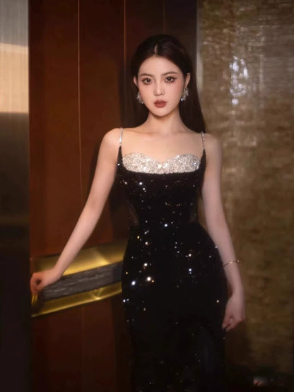 Elegant Mermaid Spaghetti Straps Black Sequin Long Floor Length Prom Dress Inspiration Long Prom Dresses A117