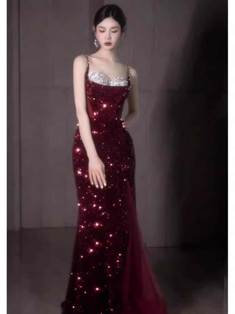 Glamour Mermaid Spaghetti Straps Burgundy Sequin Long Prom Dresses Party Dress 20th Birthday Outfits Prom Gowns AB2245