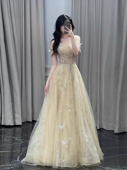 Unique A line Off The Shoulder Gold With Short Sleeves Prom Dresses Inspiration Party Night Gowns 20th Birthday Outfits AB2255
