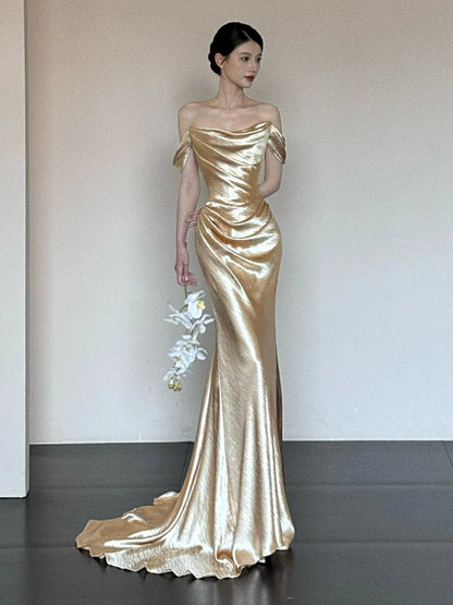 Unique Mermaid Off The Shoulder Gold Long Sleeves Prom Dresses Inspiration Party Night Gowns 20th Birthday Outfits AB2254