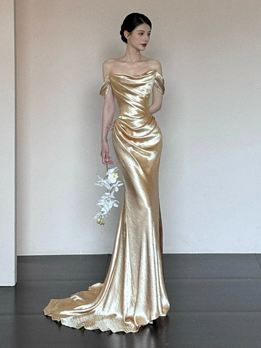 Unique Mermaid Off The Shoulder Gold Long Sleeves Prom Dresses Inspiration Party Night Gowns 20th Birthday Outfits AB2254