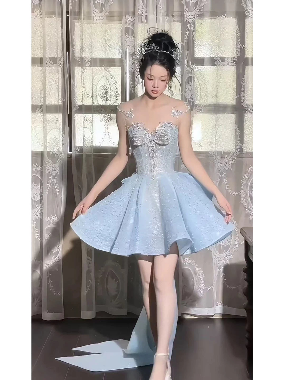Glitter Ball Gown Sweetheart Blue Sequins Short 16th Birthday Dress Homecoming Dresses Cocktail Gown AB2242