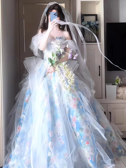 Unique Ball Gown Off The Shoulder Blue With Short Sleeves Prom Dresses Inspiration Party Night Gowns 16th Birthday Outfits AB2257