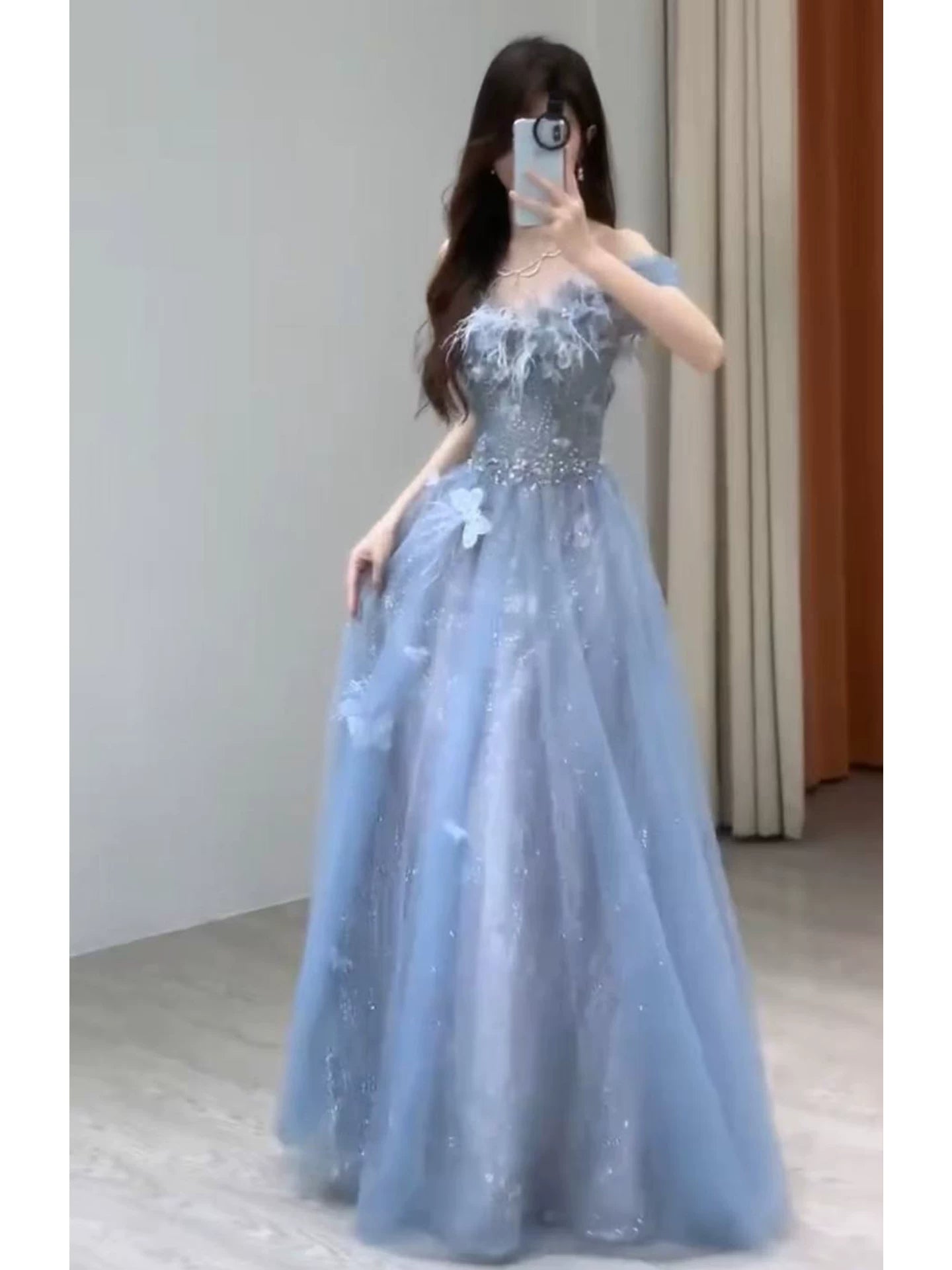 Unique A Line Off The Shoulder Blue Prom Dresses Tulle Inspiration Long Party Night Gowns 20th Birthday Outfits AB2247
