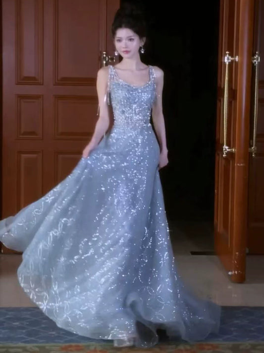 Beautiful Ball Gown Square Neck Blue Long Sequin Prom Dresses Party Dress 16th Birthday Outfits Graduation Dress AB2242