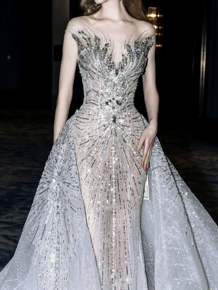 Luxurious Wedding Dresses Mermaid Scoop Neck With Cape Silver Gray Sequins Brides Dress For Brides Fitted Bridal Gowns AB2327