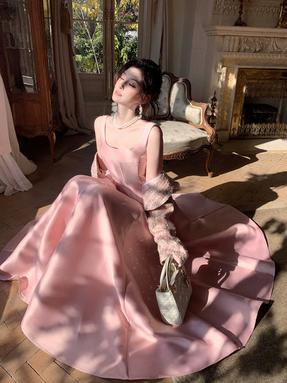 Elegant A Line Square Neck Satin Pink Ankle Length Prom Dresses 17th Nigh Party Birthday Outfits AB2444