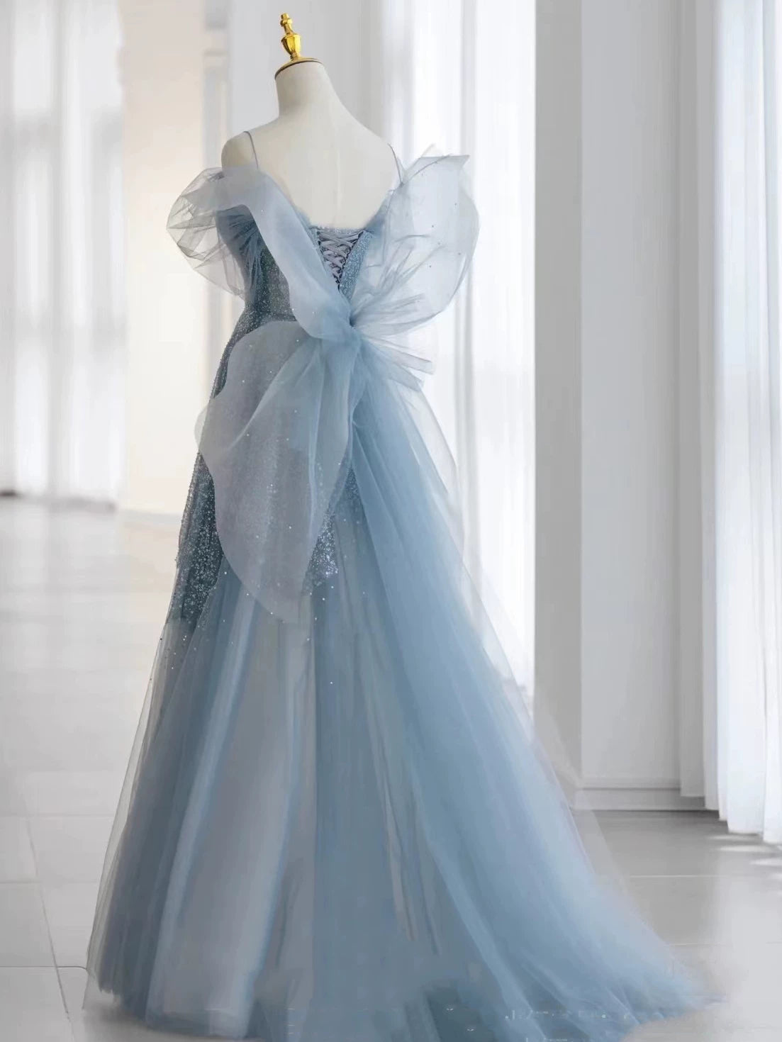 Modest Ball Gown Spaghetti Straps Dusty Blue Tulle Prom Dresses Inspiration Long Party Night Evening Dress 20th Birthday Outfits AB2332