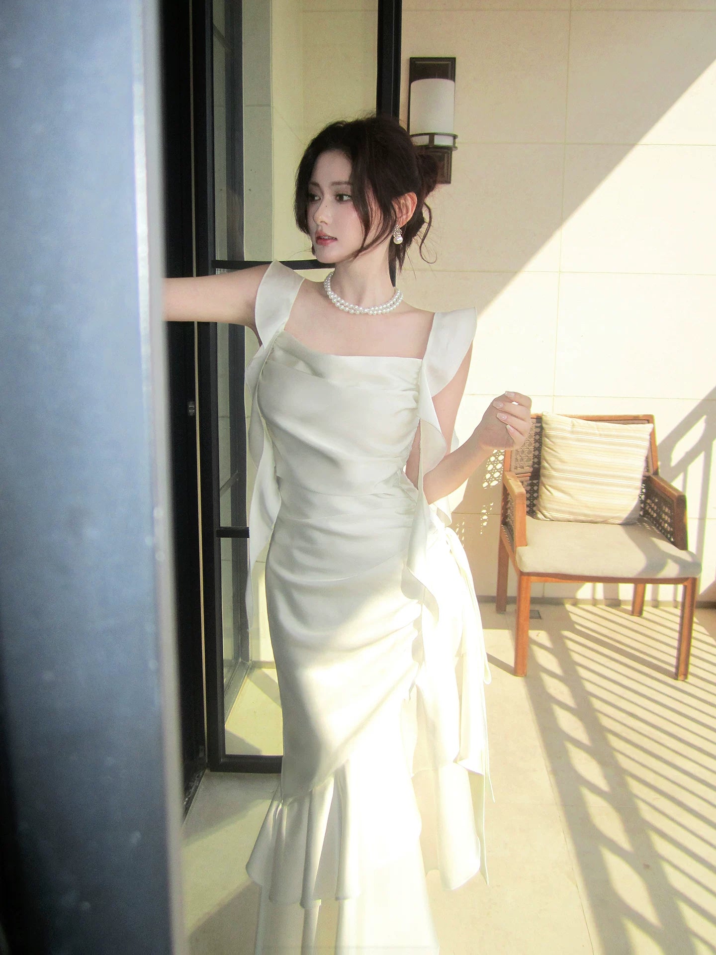 Elegant Mermaid Square Neck White Silky Satin Ankle Length Prom Dresses 16th Nigh Party Birthday Outfits AB2423