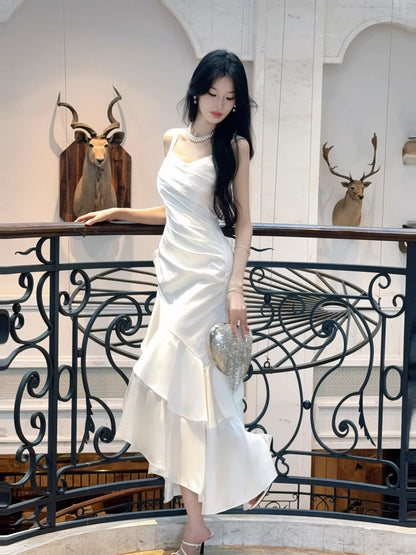 Modest Mermaid Square Neck White Satin Party Evening Night Dresses For Women Inspiration Long 18th Birthday Outfits AB2492