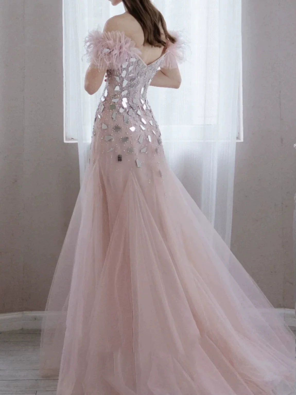 Elegant Mermaid Off The Shoulder Pink Tulle Prom Dresses Inspiration Long Party Evening Dress 19th Birthday Outfits AB2304