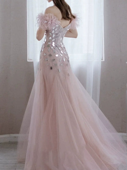 Elegant Mermaid Off The Shoulder Pink Tulle Prom Dresses Inspiration Long Party Evening Dress 19th Birthday Outfits AB2304