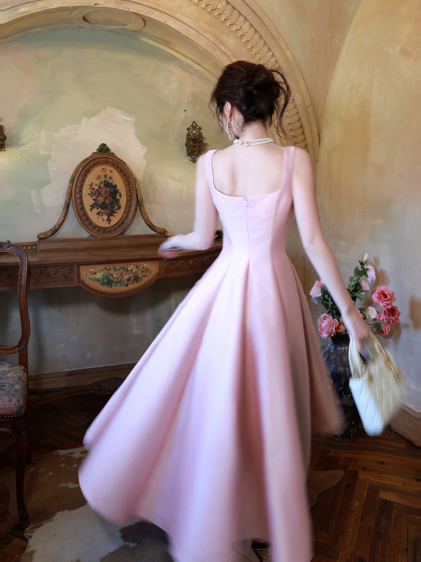 Elegant A Line Square Neck Satin Pink Ankle Length Prom Dresses 17th Nigh Party Birthday Outfits AB2444