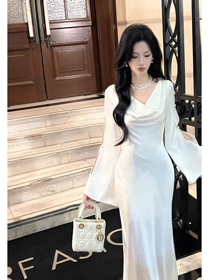 Sexy Mermaid Cowl Neck White Satin Ankle Length Prom Dresses Wedding Guest Dress 20th Birthday Outfits AB2483