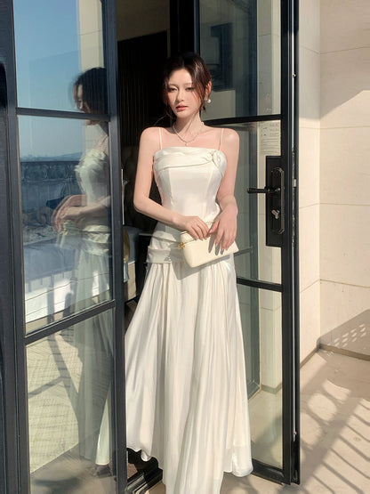 Elegant A line Spaghetti Straps Ivory With Pleated Sleeveless Long Prom Dresses 16th Nigh Party Birthday Outfits AB2441