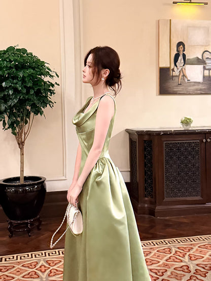 Elegant A line Square Neck Green Satin Ankle Length Prom Dresses 17th Nigh Party Birthday Outfits AB2481