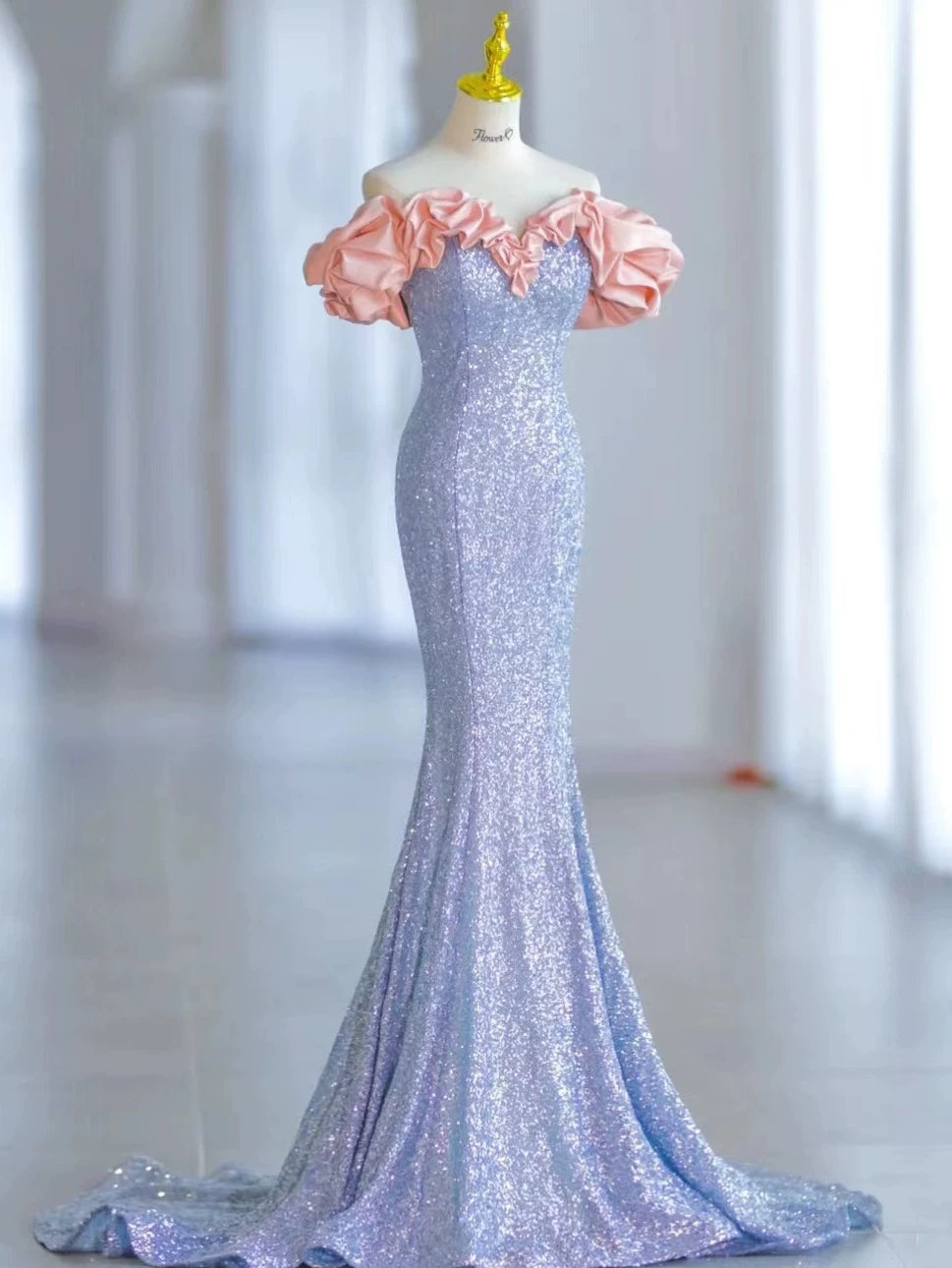 Elegant Mermaid Off The Shoulder Blue Sequins Prom Dresses Inspiration Long Party Evening Dress 19th Birthday Outfits AB2299