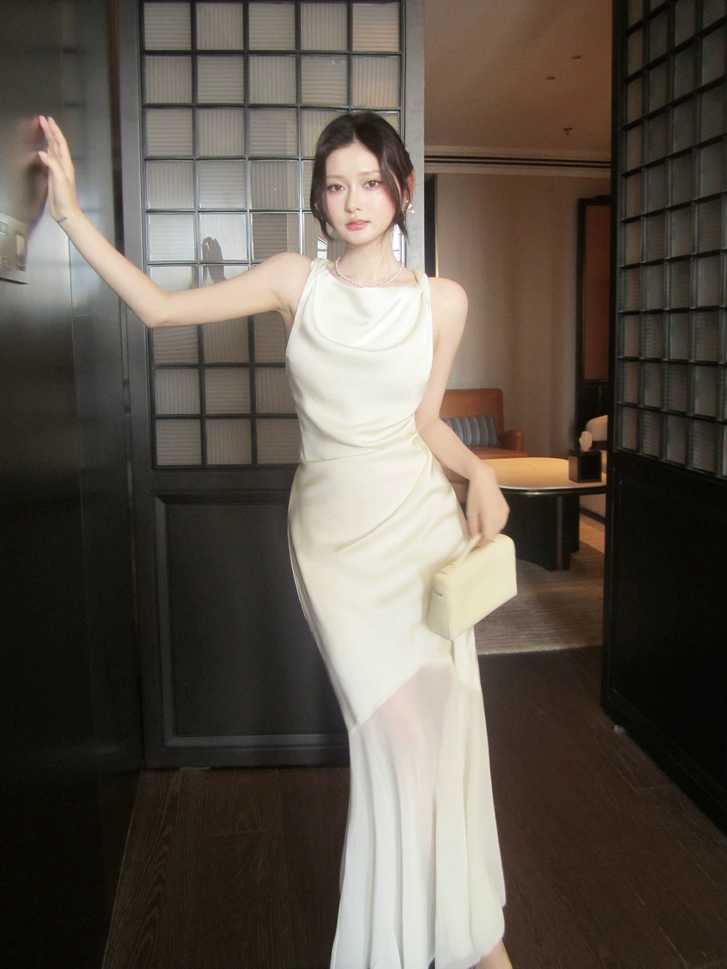 Elegant Mermaid Cowl Neck Satin Ankle Length Satin Prom Dresses Long 16th Nigh Party Birthday Outfits AB2414