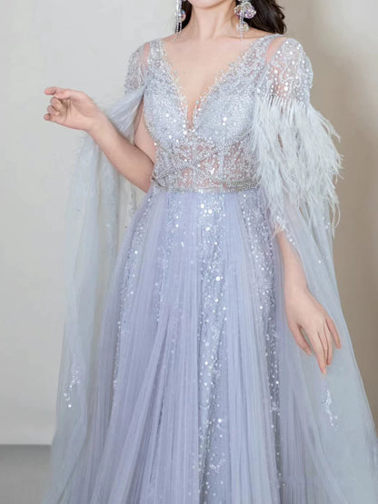 Elegant A Line V Neck Light Sky Blue Tulle Prom Dresses Inspiration Long Party Evening Dress 19th Birthday Outfits AB2300