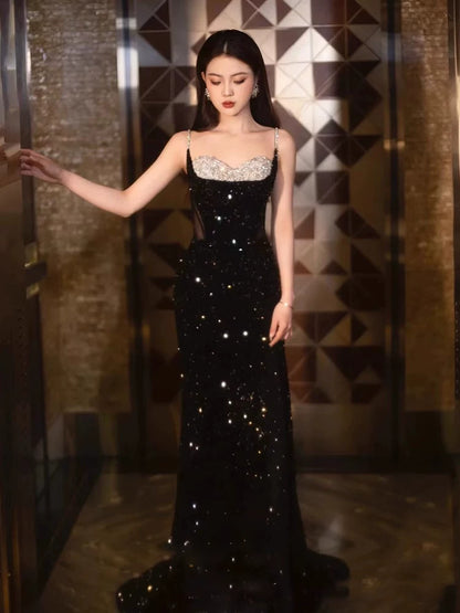 Elegant Mermaid Spaghetti Straps Black Sequin Long Floor Length Prom Dress Inspiration Long Prom Dresses A117