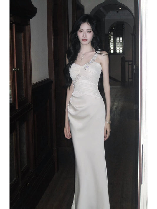 Classy Mermaid One Shoulder White With Beaded Satin Ankle Length Pleated Prom Dress Aesthetic Graduation Birthday Outfits N097
