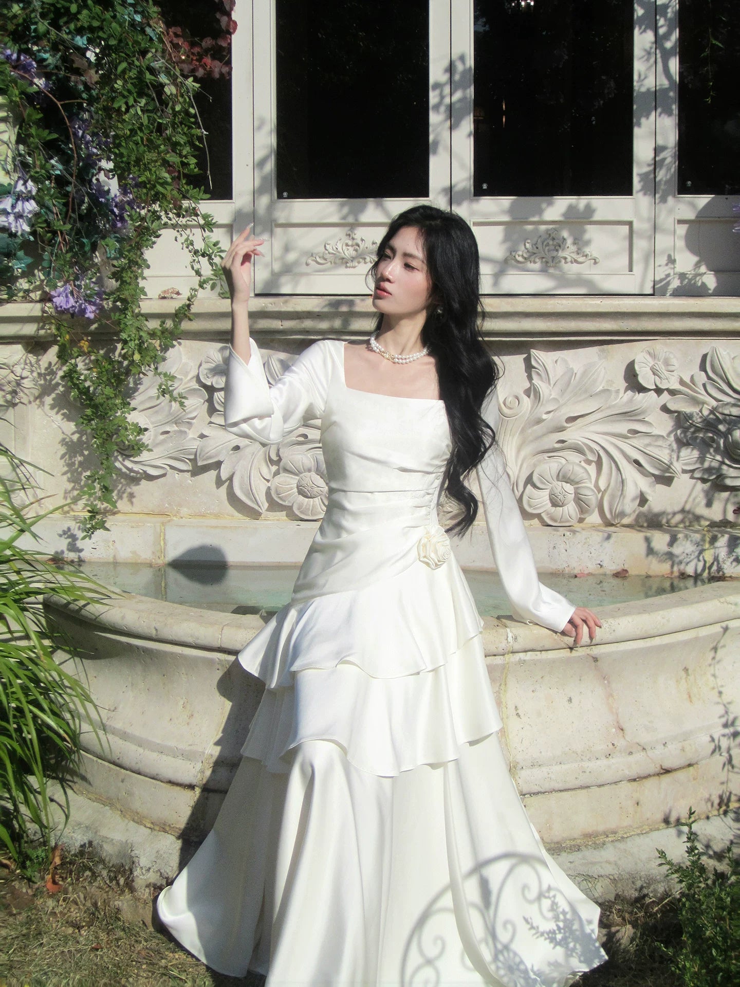 Modest Mermaid Square Neck Ivory Satin Long Sleeves Prom Dresses Wedding Guest Dress 16th Birthday Outfits AB2448