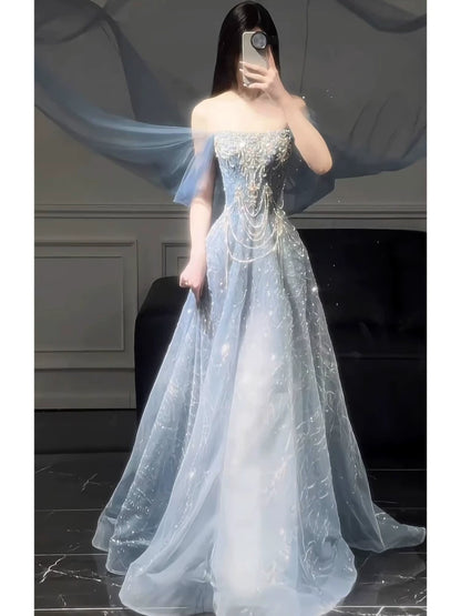Sparkly A line Off The Shoulder Sequins Long Prom Dress Fashion Aesthetic For Teens Formal Dresses Party Outfits Prom Gown AB2229