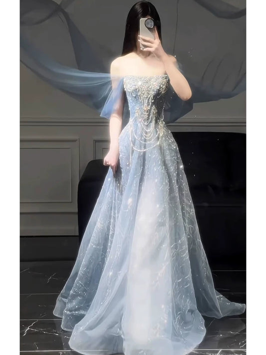 Sparkly A line Off The Shoulder Sequins Long Prom Dress Fashion Aesthetic For Teens Formal Dresses Party Outfits Prom Gown AB2229