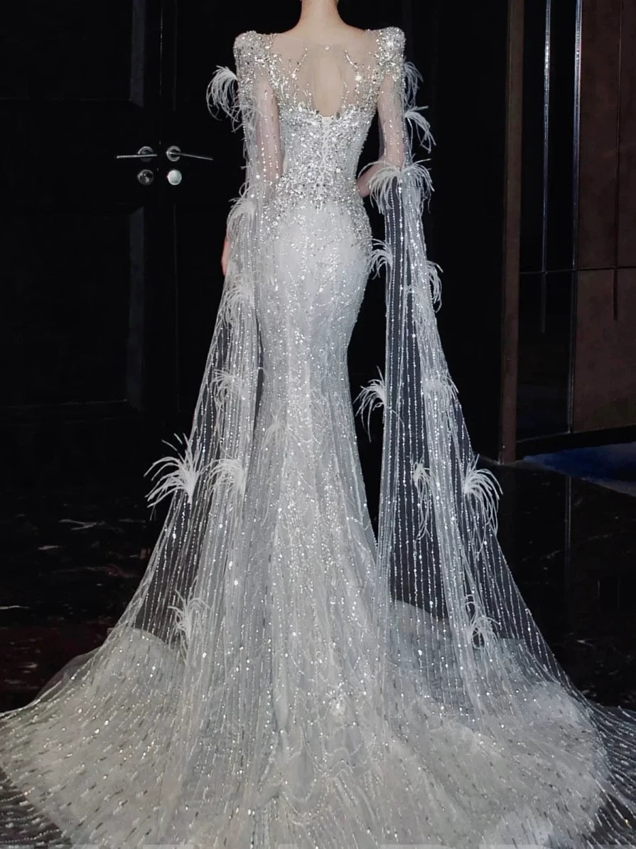 Luxurious Wedding Dresses Mermaid Scoop Neck Long Sleeves Silver Sequins Brides Dress Style For Brides Fitted Bridal Gowns AB2270